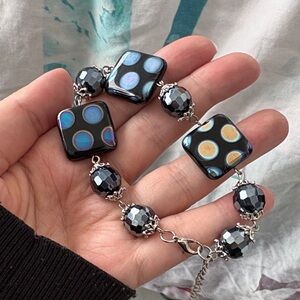 Elegant Black and Silver Polka Dot Duochrome Czech Glass Bracelet